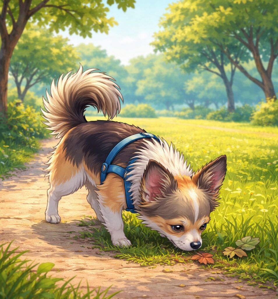 Perrita pequeña explorando olores durante un paseo en el parque