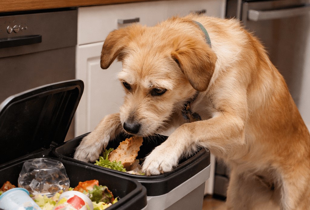 perro buscando comida en la basura en casa