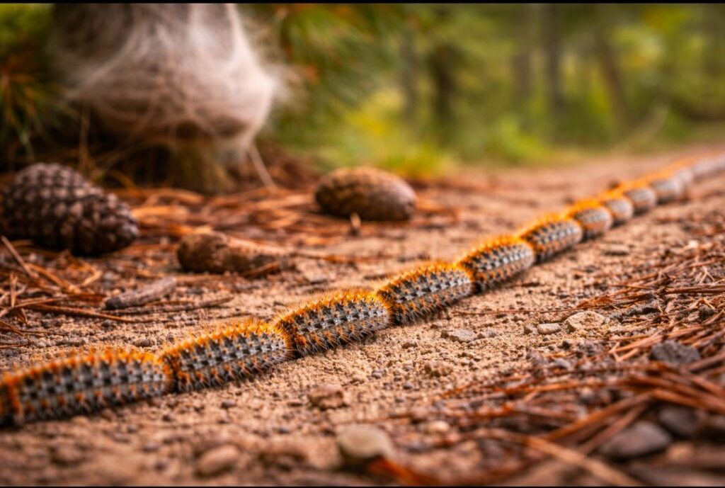 Oruga procesionaria en fila sobre el suelo en zona de pinos peligrosa para perros