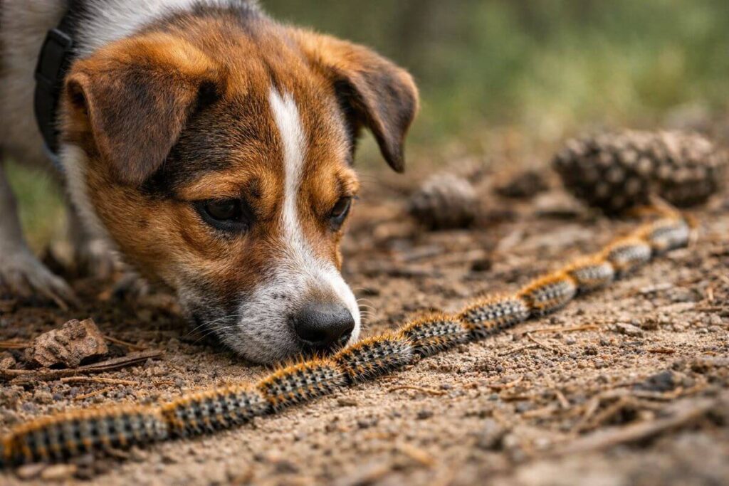 Perro olfateando orugas procesionarias en el suelo durante un paseo