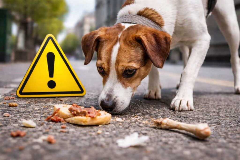Perro olfateando comida en la calle.