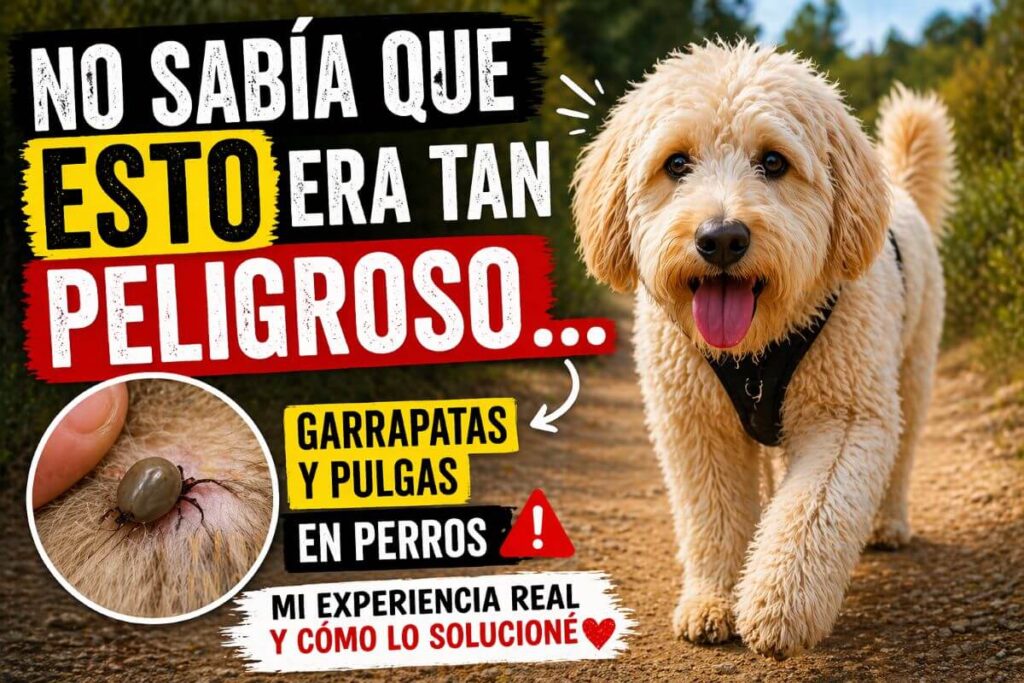 Perro caminando por zona con vegetación donde puede haber pulgas y garrapatas